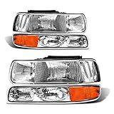ADCARLIGHTS Headlight Assembly for 1999 2000 2001 2002 Chevy Silverado 1500 2500/1500HD 2500HD 3500/2000-2006 Tahoe/Suburban Chrome Housing Amber Reflector Pair