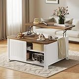 Decofy Lift Top Coffee Table with Storage, 31.5" Mid Century Modern Square Coffee Tables for Living Room, Large Hidden Storage Compartment, Adjustable Shelves & Sliding Door, White