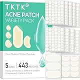 TKTK 443 Count Pimple Patches for Face, Hydrocolloid Acne Patch Bulk, Acne Stickers for Covering Cheeks, Forehead, Chin Blemishes Zit Breakouts for All Skin Types (Dots, Strip, Contoured 5 Sizes)