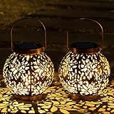 JOIEDOMI 2 Pack Outdoor Solar Hanging Lantern Lights, Waterproof Tabletop with Handle, LED Moroccan Lanterns, Metal Decorative Garden Solar Lights for Patio, Lawn, Porch, Backyard