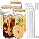 Drinking Glasses with Bamboo Lids and Glass Straw 4pcs Set - 16oz Glass Cups, Iced Coffee Glasses, Cute iced Tea Glasses, Beer Glasses, Ideal for Coffee Bar Accessories, Aesthetic Gift - 2 Brushes