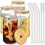 Drinking Glasses with Bamboo Lids and Glass Straw 4pcs Set - 16oz Glass Cups, Iced Coffee Glasses, Cute iced Tea Glasses, Beer Glasses, Ideal for Coffee Bar Accessories, Aesthetic Gift - 2 Brushes