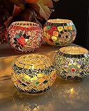 SHMILMH Glass Candle Holder Set of 4, Diwali Gift Votive Candle Holders Handmade Mosaic Glass Tealight Holders Diwali Christmas Table Decorations for Home