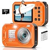 4K Underwater Camera, 64MP 16FT Waterproof Digital Camera with 32GB Card, Autofocus Floatable Waterproof Camera with IPS HD Screen, 16X Digital Zoom, Fill Light, for Snorkeling, Surfing, Orange