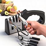 4-In-1 Manual Knife Sharpener for Kitchen Knives & Scissors, Professional Pull-Through Knife Sharpener with Tungsten Steel & Ceramic Slots, Non-Slip Base, Easy to Use for Chef Knives & Serrated Blades