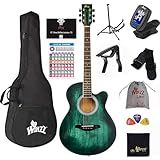 WINZZ HAND RUBBED Series - 40 Inches Cutaway Acoustic Acustica Guitar Beginner Starter Bundle with Online Lessons, Padded Bag, Stand, Tuner, Capo, Guitar Chords, Strap, Picks, Dark Hunter Green