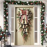 BlissYard Christmas Door Cover 71x35 Inch with Golden Bells and Red Bow Rustic Winter Door Banner for Front Porch, Indoor Outdoor Holiday Decoration, Christmas Door Hanging Cover, Farmhouse Entry Decor