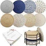 Handmade Woven Cotton Coasters - Set of 8 with Holder, Absorbent, Protects Tabletop - 4.3 Inch Diameter, 8 Colors