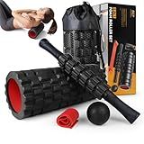 5 in1 Foam Roller Set, Trigger Point Foam Roller, Massage Roller Stick, Massage Ball, Resistance Band for Deep Muscle Massage Pilates Yoga,Fitness Exercise for Whole Body (Black-Red)
