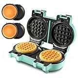 2-in-1 Double Waffle & Pancake Maker - CACHOO Mini 4" Nonstick Waffle Iron & Small Round Griddle with 4 Removable Plate Sets, Dishwasher Safe, Perfect for Small Spaces, Apartments & Dorms, Aqua