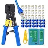 PETECHTOOL RJ45 Crimp Tool Cat6 Cat5e Cat5 Ethernet Crimper Kit for RJ45 RJ12/11 Pass Through Connectors with 50pcs rj45 Cat6 Pass Through Connectors, 50pcs Covers, Wire Stripper; Network Cable Tester
