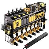 Veitorld Large Power Tool Organizer with Charging Station, 3 Layer Heavy Duty Modular Wall Mount Rack with 9 Drill Holders for Garage Workshop, Battery Utility Rack with 8-Outlet Power Strip