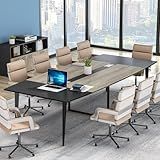 Tribesigns 8FT Conference Table, 94.48L x 47.21W x 29.52H Inches Boat Shaped Meeting Table with Rectangle Grommet, Modern Seminar Boardroom Table for Office Conference Room (Grey & Black, 8ft)