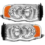 ADCARLIGHTS Headlight Assembly Compatible with 2002-2005 Dodge Ram 1500/03-05 Ram 2500 3500 Chrome Housing with Amber Reflector Clear Lens Headlamp Replacement Left and Right（W/O Bulbs）