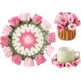 Crochet Flower Coasters, Handmade Bouquet Coasters with Crochet Plant Pot