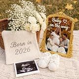 Yookeer 3 Pcs Pregnancy Announcement Set, Gold Mirror White Knit Booties