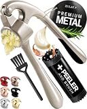 Zulay Kitchen Premium Garlic Press Set - Rust Proof Professional Garlic Mincer Tool - Easy-Squeeze, Easy-Clean with Soft, Ergonomic Handle - Silicone Garlic Peeler & Brush (Silver)