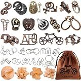32 Pcs Brain Teaser Puzzles Set for Adults Kids – Vintage Wooden & Metal 3D IQ Game, Challenging Disentanglement Logic Puzzles, Family Party Favor Portable Travel Pouch Set