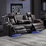 CANMOV Home Theater Seating with Adjustable Headrest with LED Lights, 3 Seat Power Reclining Sofa with Flip Backrest Design, Wireless Charger, Cup Holders, Reading Light and USB Charging Ports, Brown