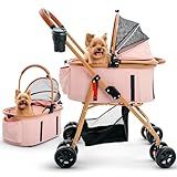 Pet Stroller for Small Medium Dogs & Cats – 2-in-1 Detachable Carrier, Zipperless Entry, Lightweight Folding Travel Stroller with Storage Basket, Cup Holder, Pink
