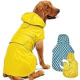 Kimee Dog Raincoat Reversible, Single Side Slicker Poncho Adjustable Waterproof Dog Rain Jacket with Leash Hole/Reflective Stripe Hooded Snowproof Windproof Clothes for Small to 3X-Large Dogs, XL