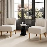 Armless Accent Chairs Set of 2 for Bedroom, Bedroom Chair for Bedroom Living Room Chair with Solid Wood Legs, Makeup Vanity Chair Fabric Comfy Upholstered Reading Chair Accent Chair,Beige