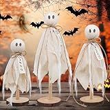 Wooden Ghost Halloween Decorations Indoor– Set of 3 Sizes Rustic Shelf Sitters with Fabric Ghost Figures – Halloween Table Decor for Tiered Tray, Mantel, Halloween Party Supplies（White）
