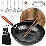 kaqinu Carbon Steel Wok Pan, 14 Piece Woks & Stir-Fry Pans Set with Wooden Lid Cookwares, No Chemical Coated Flat Bottom Chinese Pan for Induction, Electric, Gas, Halogen All Stoves - 12.6''