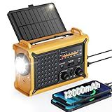 Emergency Weather Radio with Large Solar Panel, Efficient Hand Crank & Real 12000mAh Battery | AM/FM/NOAA Bands, LED Flashlight, Reading Lamp, SOS Alarm & Phone Charger for Camping, Blackout, Survival