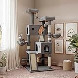 SHA CERLIN 65in Larger Cat Tree Tower Condo for Indoor Kitties/Multi-Level Furniture Activity Center with Wide Base/Cozy Plush Cat Perches/Baskets/Sisal Scratching Posts and Hammock/Grey