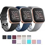 PACK 3 Soft Silicone Bands Compatible for Fitbit Versa 2 / Fitbit Versa/Fitbit Versa Lite Adjustable Sport Bands for Women Men Small Large (Black+Blue+Grey, Small)