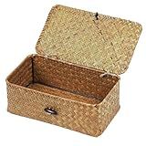 Wicker Storage Basket with Lid, Natural Seagrass Storage Baskets for Organizing, Rectangular Woven Basket for Storage, Decorative Boxes Bins with Lids Home Organizer Decor