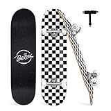 BELEEV Skateboards for Beginners, 31x8 Inch Complete Skateboard for Kids Teens Adults, 7 Layer Canadian Maple Double Kick Deck Concave Cruiser Trick Skateboard (Black White)
