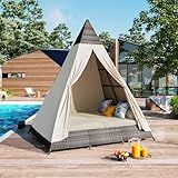 Outdoor Patio Daybed with Cushions, 90.5" Length Sunbed with Colorful Pillows, Tent Shape Patio Sunbed, Wicker Patio Daybed for Poolside Garden Lawn Backyard, Brown and Beige
