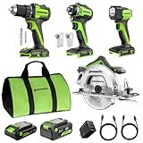 GREENWORKS 24V (4-TOOL) Combo (1/2” Drill + 1/4” Impact Driver + 6.5” Circular Saw + 200Lm Flashlight), 4.0Ah + 2.0Ah Batteries (24,000mAh Power Bank), (2) Braided Cables, 65W Rapid Charger