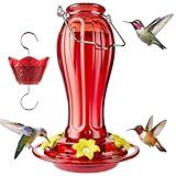 Birdream Glass Hummingbird Feeder for Outdoors, 18oz Hanging Hummingbird Feeder with 5 Feeding Ports & Built-in Ant Moat, for Garden Patio Backyard, Gifts for Women Mom, All Red