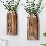 Wooden Wall Planter Vase Set of 2, Boho Hanging Planter for Indoor Plants & Flowers, Natural Wood Wall-Mounted Planters for Art Home Decor - Living Room, Bedroom, Bathroom, Patio (Brown)