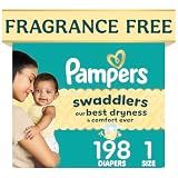 Pampers Swaddlers Diapers, Size 1 (8-14 lbs), 198 Count, Fragrance Free, Hypoallergenic, Absorbent, Pediatrician Recommended, Skin Safe