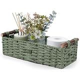 Round Paper Rope Storage Basket Wicker Baskets for Organizing with Handle Decorative Storage Bins for Countertop Toilet Paper Basket for Toilet Tank Top Small Baskets , Green