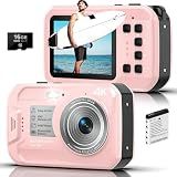 4K Underwater Camera, 64MP 16FT Waterproof Digital Camera with 16GB Card, Autofocus Floatable Waterproof Camera with IPS HD Screen, 16X Digital Zoom, Fill Light, for Surfing,Snorkeling,Swimming,Pink