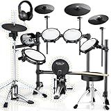 Fesley Electric Drum Set, Electronic Drum Set with 4 Quiet Mesh Drum Pads, Independent HiHat and Kick Drum Full Size Adult Drum Set, 3 Cymbals with Choke, 225 Sounds, USB MIDI, Drum Throne, and Sticks