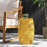 Christopher Knight Home Zoey Small Outdoor Side Table, Lace Cut Iron End Table, Metal Outdoor Stool, Hollow Drum Round Side Table, Decorative Garden Stool with Cutout Design for Patio Balcony, Yellow