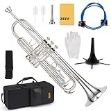 ZEFF Bb Standard Trumpet for Beginners,Trumpet for Student with Hard Case,7C Mouthpiece,Cleaning Cloth,Gloves,Brass Musical Instruments for Kids and Adults,Silver-plated Trumpet