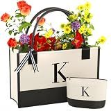 OATALY Monogrammed Canvas Tote Bag with Zipper Pockets - Ideal Gift for Mom, Teacher, Sister