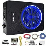 FOLTUSYMY 1200W 10" Slim Under Seat Powered Car Subwoofer, High/Low Level Input, Car/Truck Audio Sub Built-in Amplifier amp Combo Package, with Blue LED Light