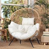 JAMFLY Egg Chair Wicker Outdoor Chairs, Patio Chair Oversized Lounger Chair with Cushion for Indoor Living Room, Bedroom, Outside Patio Backyard Balcony, Creamy White