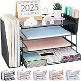 OPNICE Desk Organizer, 4-Tier Desktop File Organizer with Drawer and Pen Holders, Office Desk Accessories, File Sorters, Workspace Organizers for Office Supplies(Black)