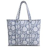 JANASIN Quilted Tote Bag for Women Large Cotton Quilted Bag with Zipper Handmade Block Print Everyday Travel Tote (Design 18)