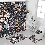 Litabel 4 Pcs Black Watercolor Floral Shower Curtain Sets, Black Shower Curtains with Flower Plant Leaves and Rugs for Spring Summer Bathroom Decor, Botanical Modern Farmhouse Rustic Bathroom Set