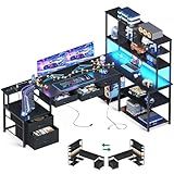 AODK 79 inch L Shaped Desk with 5 Drawers, Reversible L Shaped Gaming Desk with LED Light & 2 Power Outlets, Computer Desk with Storage Shelves for Home Office, Black
